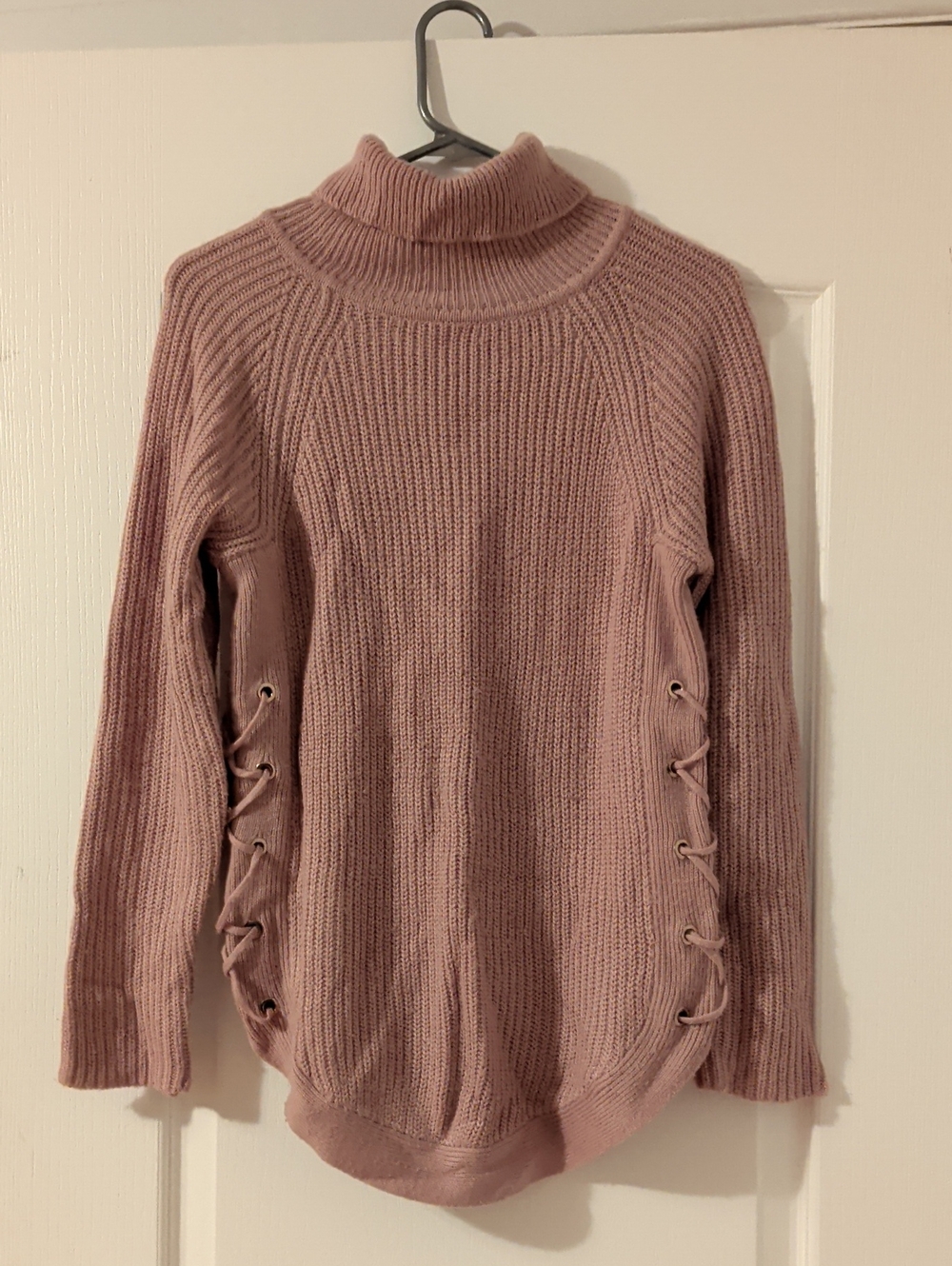 Dynamite Lace-Up Ribbed Turtleneck Sweater - Dusty Rose